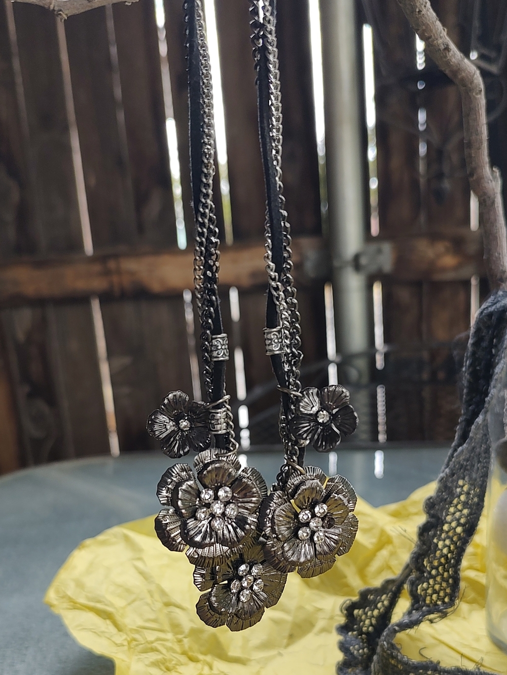 Floral Cluster Pendant Necklace in Antique Silver